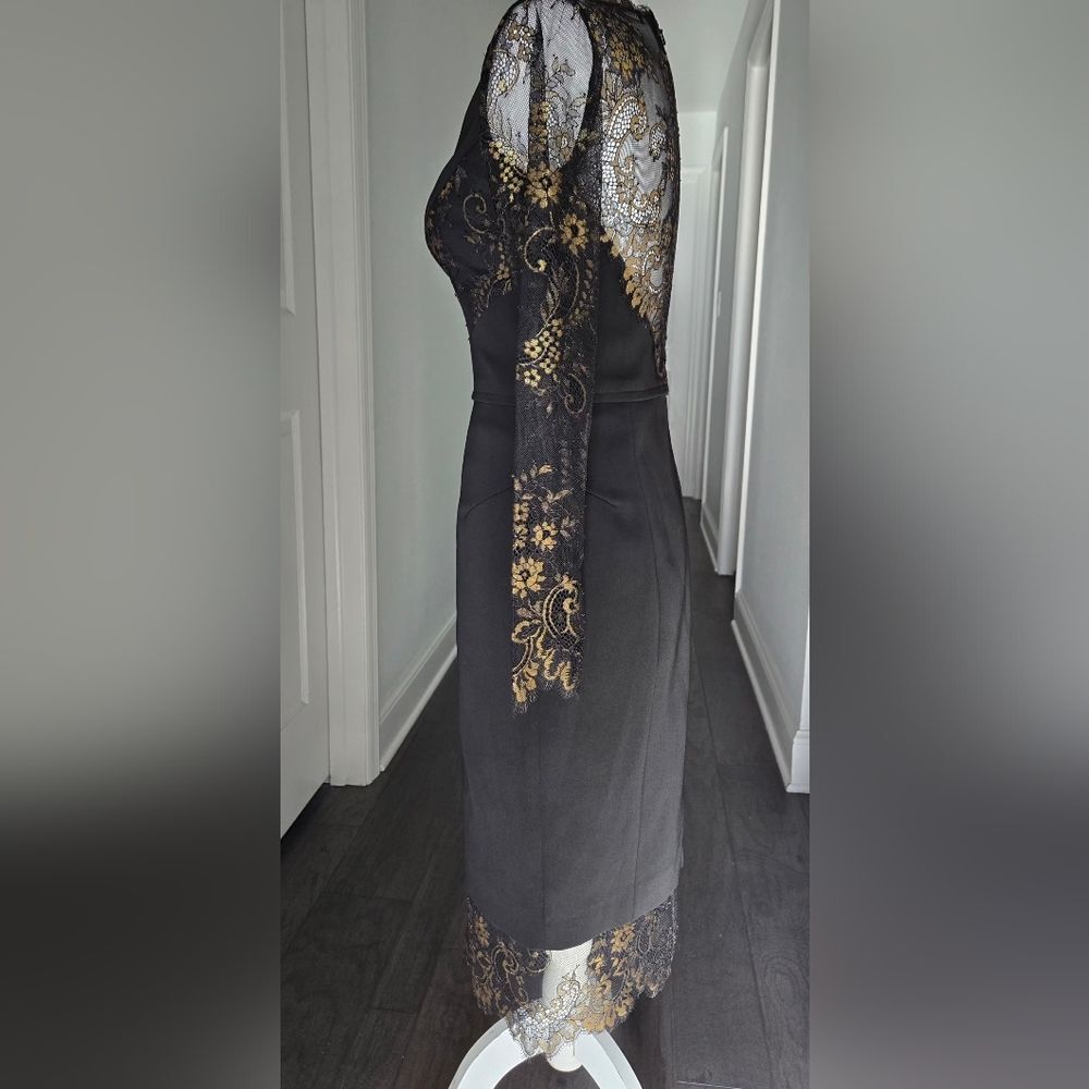 Karen Millen Black & Gold Lace Panel Pencil Dress - Size 4 - Picture 3 of 12